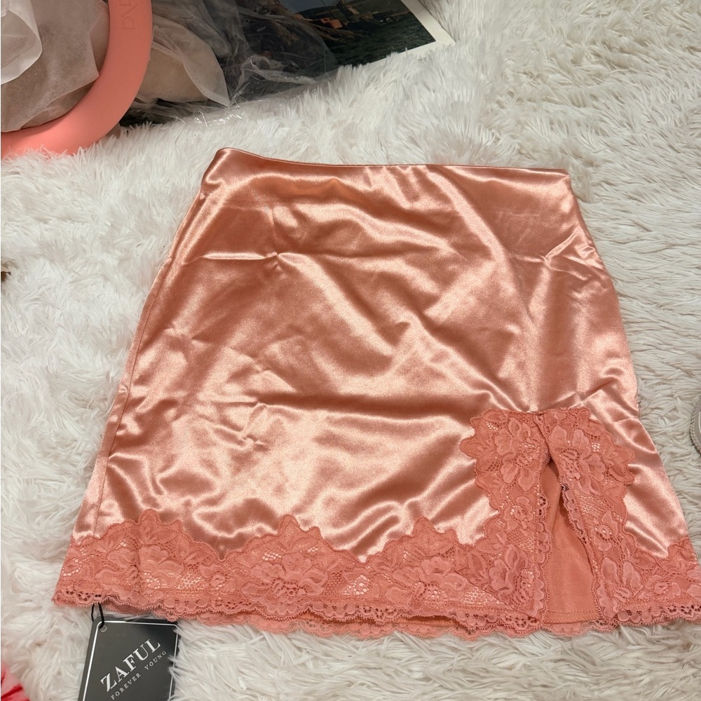 Zaful Pink Satin Mini Skirt with Lace Detail